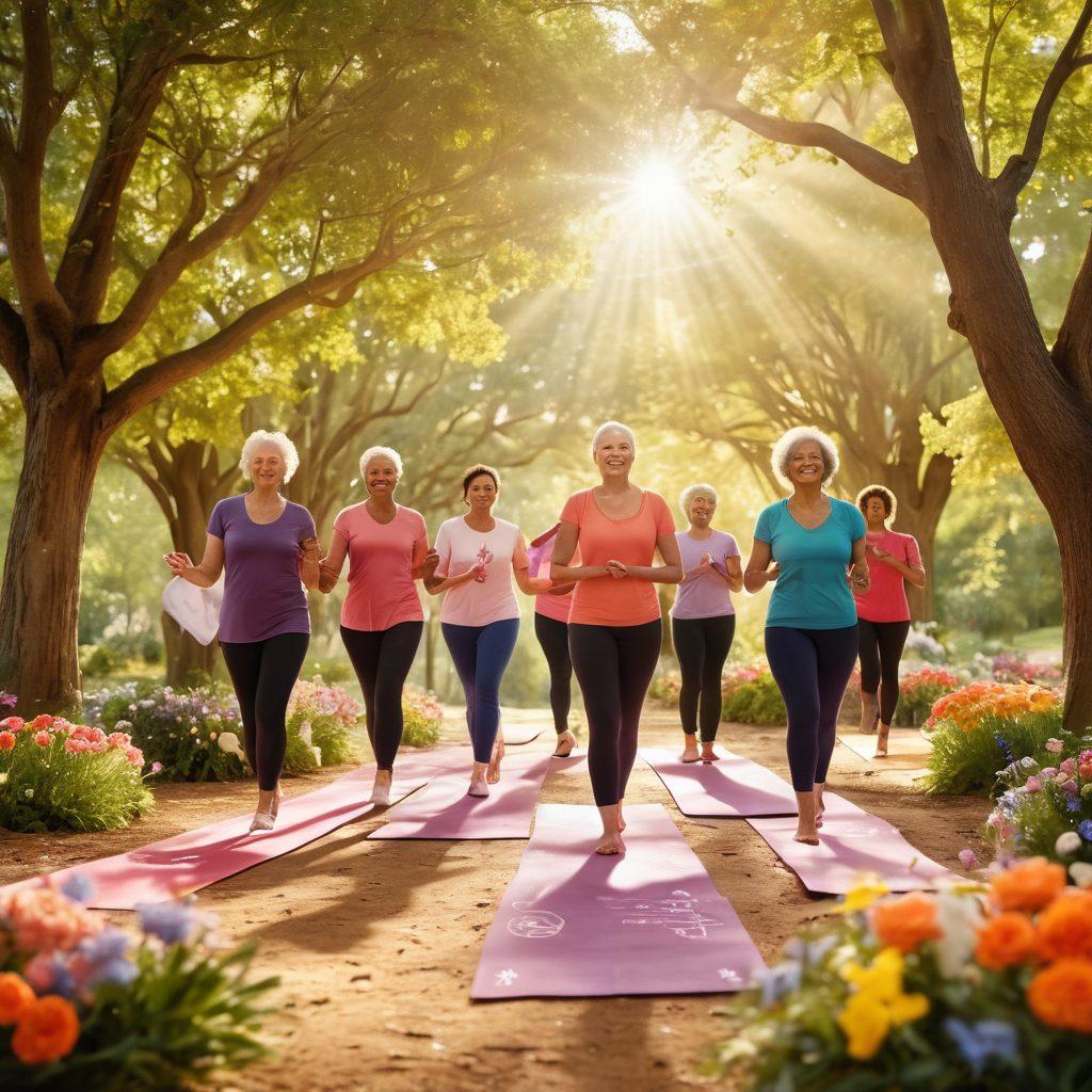 A serene and hopeful scene depicting a diverse group of cancer survivors celebrating together, surrounded by symbols of support like ribbons and floral arrangements. Bright sunlight filters through trees, illuminating their joyful expressions and the paths they’ve walked. Include elements of wellness such as yoga mats and healthy foods in the background. super-realistic. vibrant colors. warm atmosphere.